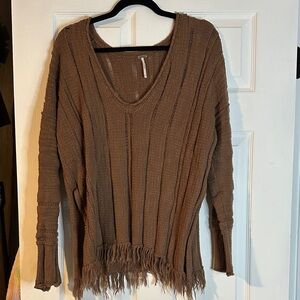 Free People Brown V-Neck Sweater with Fringe